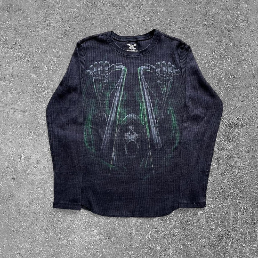Faded Glory Mens Thermal Shirt Grim Reaper Graphic Y2K Grunge Black Large